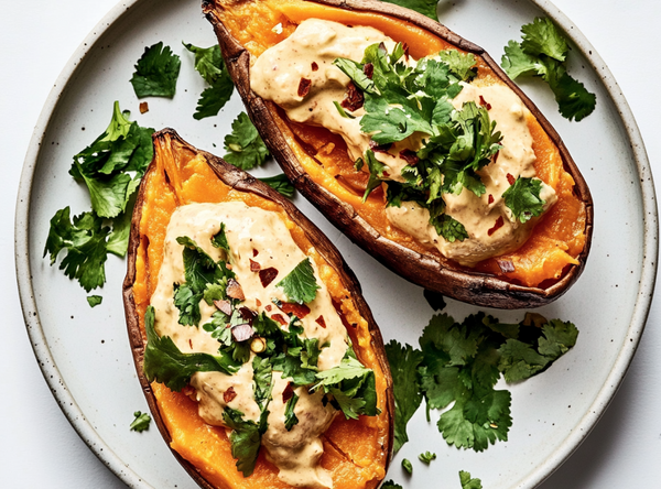 Loaded Zoete Aardappel met Pulled Chicken & Cashew Saus - recept van The Spice Club