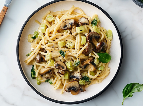 Miso Pasta met Prei & Champignons