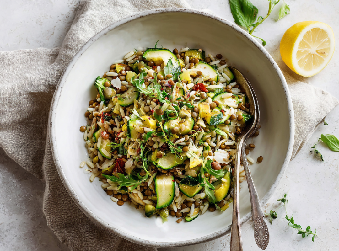 Green Goddess Orzo Salade met Linzen en Courgette