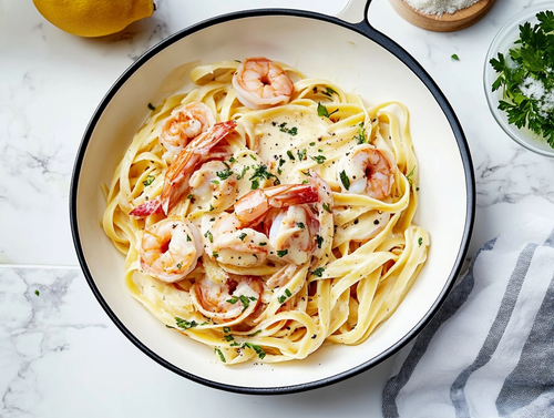 Pasta met scampi's in witte wijn saus.