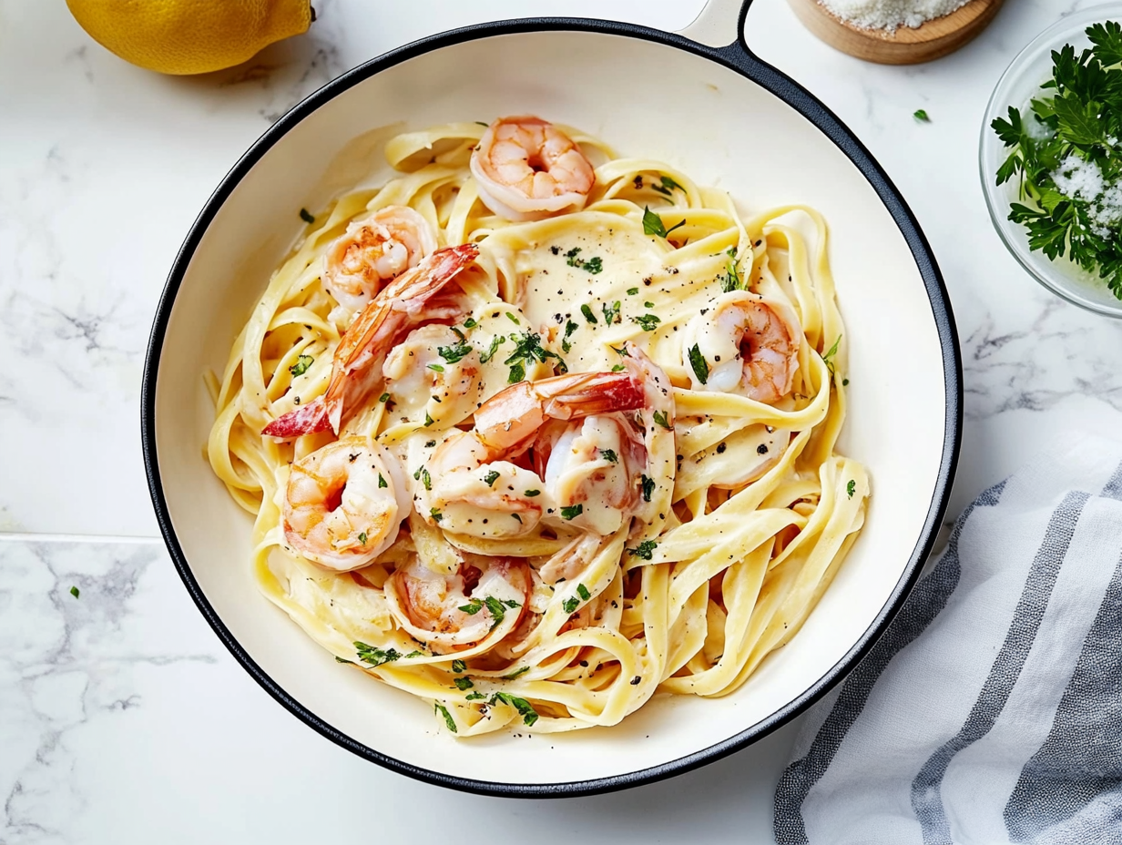 Pasta met scampi's in witte wijn saus.