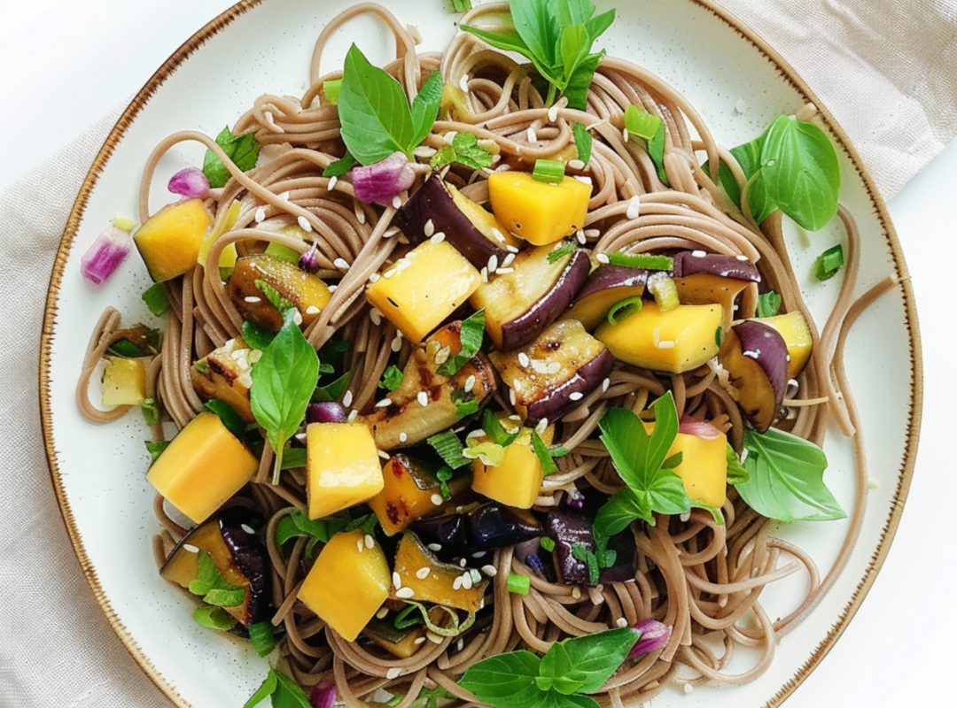 Soba noodles met aubergine & mango