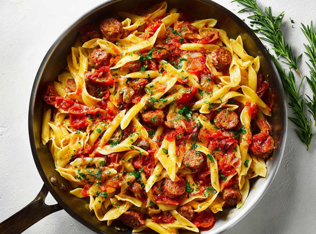 Pasta schotel met worstjes, tomaten & olijven