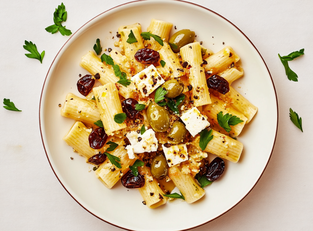 Frisse Pasta met Feta, Olijven & Rozijnen