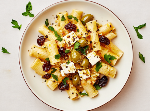 Frisse Pasta met Feta, Olijven & Rozijnen