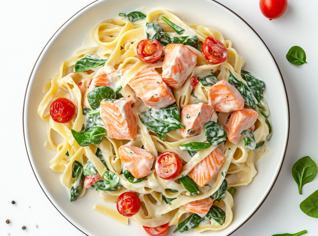 Tagliatelle met zalm, spinazie en roomsaus