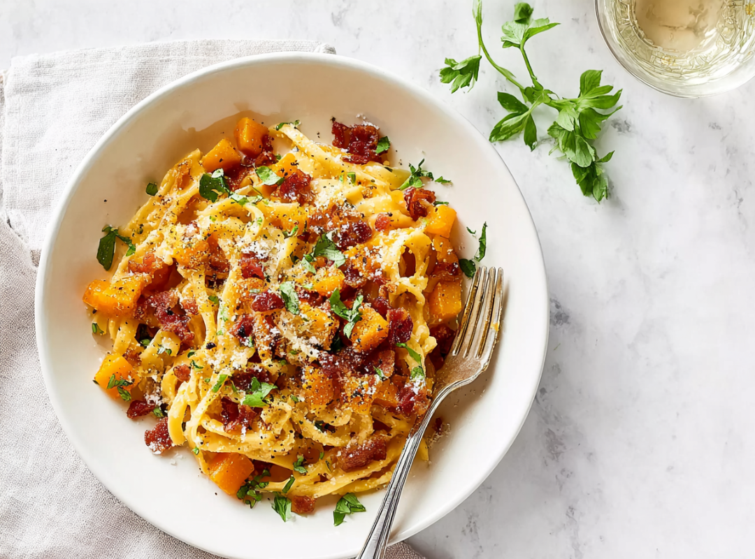 Pompoen Pasta met spek en Parmezaanse kaas