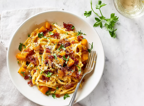 Pompoen Pasta met spek en Parmezaanse kaas