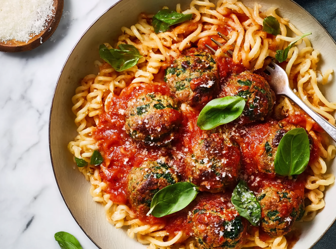 Pasta met Spinazie Gehaktballetjes in Tomatensaus
