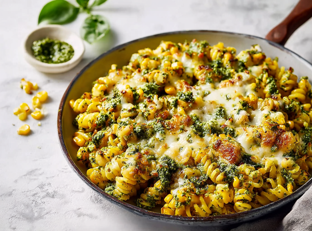Cheesy Pesto Pasta met Mais uit de Oven