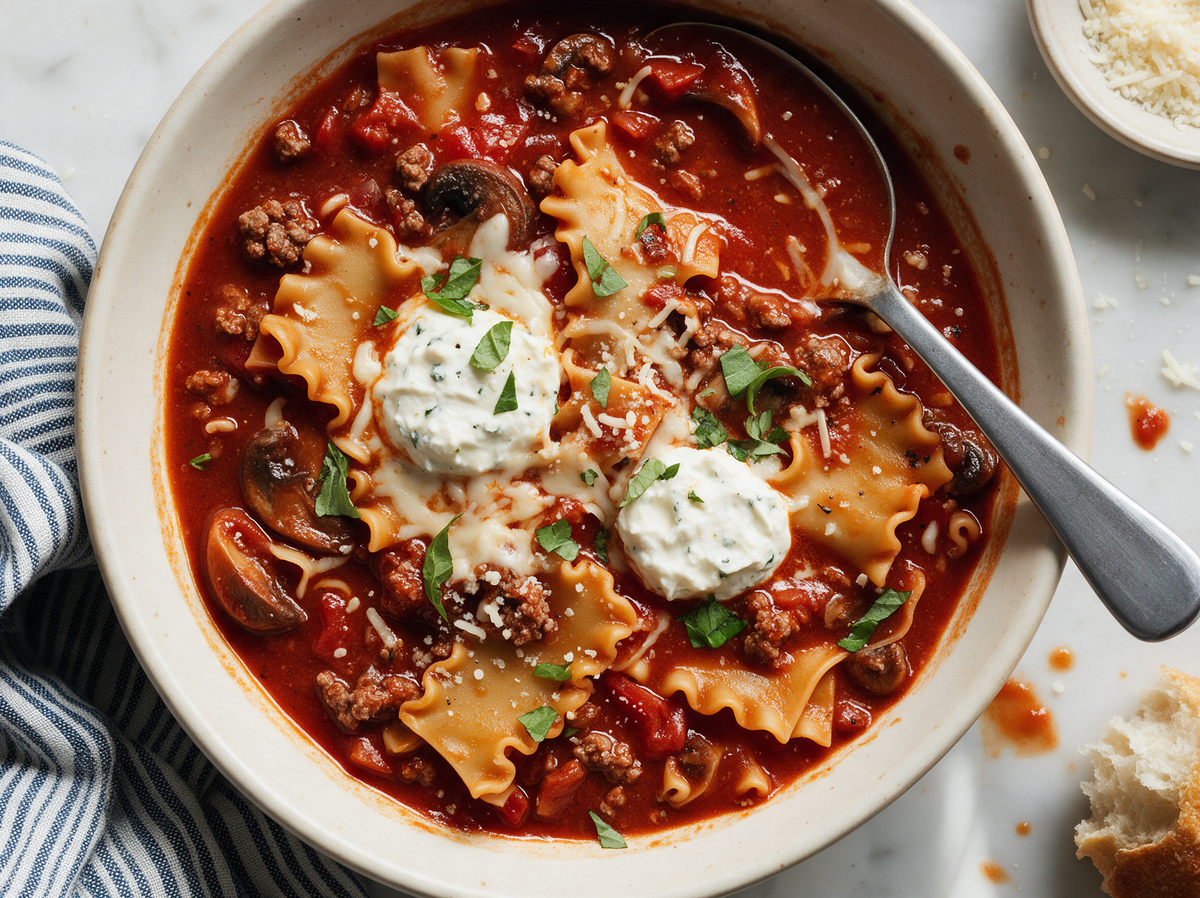 Lasagnesoep met gehakt en champignons