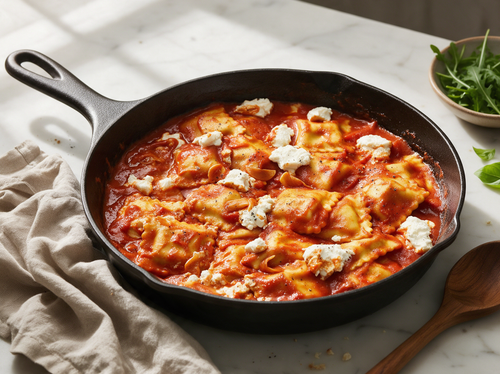 Ravioli in saus van geroosterde paprika