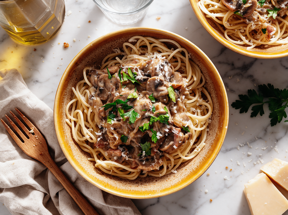 Romige pasta met spekjes en champignons