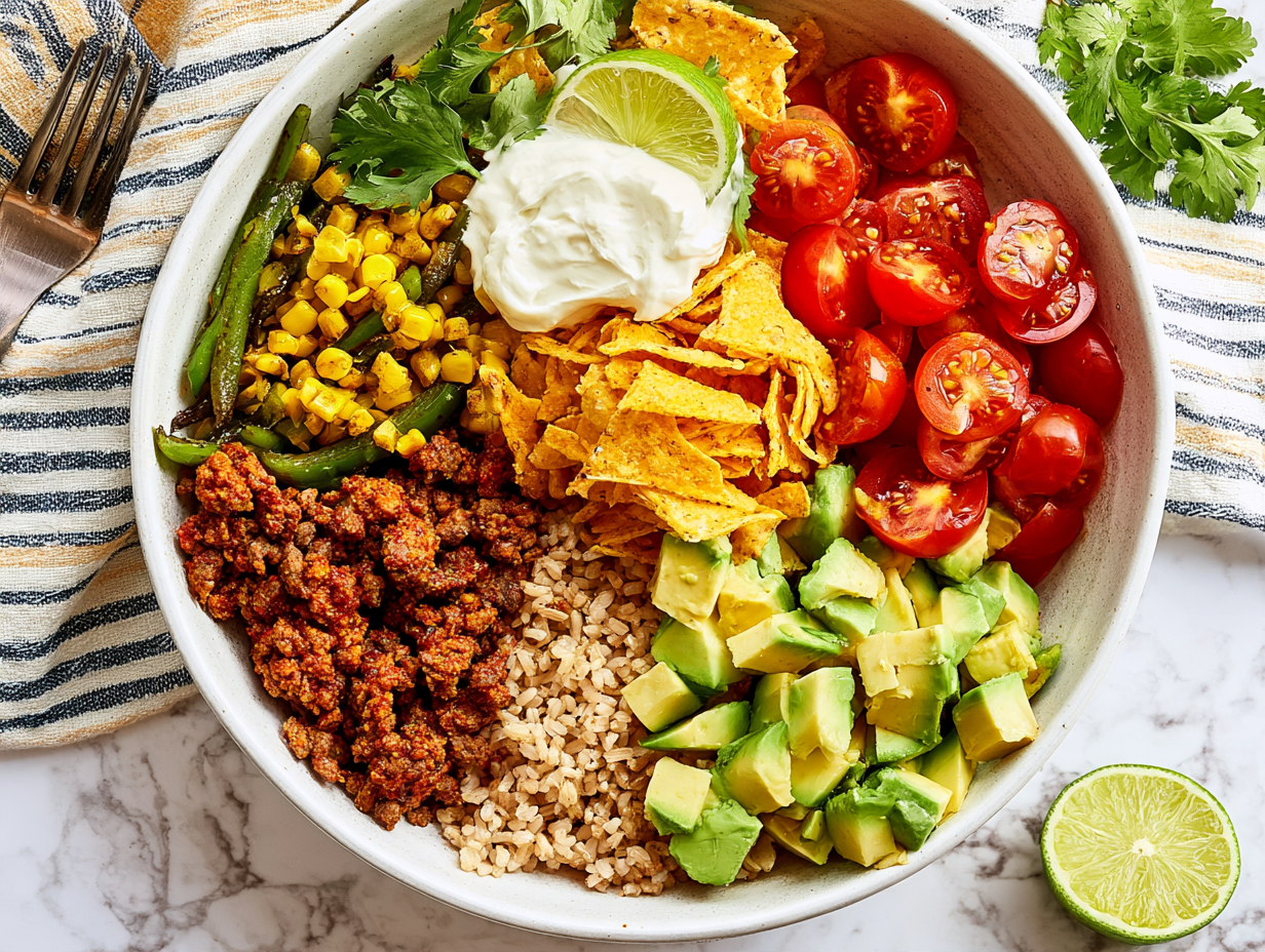 Taco Bowl met Gehakt, Avocado en Mais
