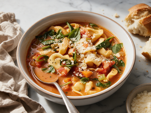 Tortellinisoep met tomaat en spinazie