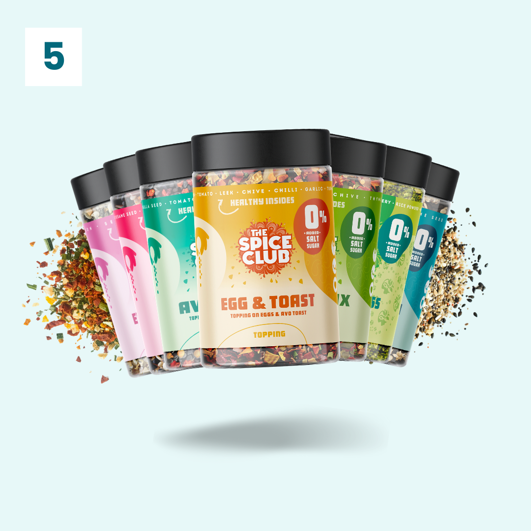 Toppings van The Spice Club met Ei Topping vooraan