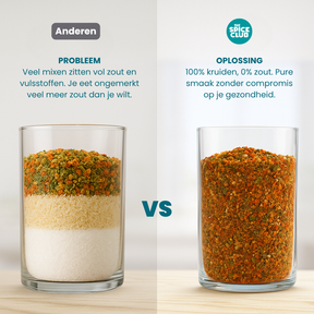 Kruidenmix met toegevoegd zout en vulstoffen naast een mix van 100% kruiden